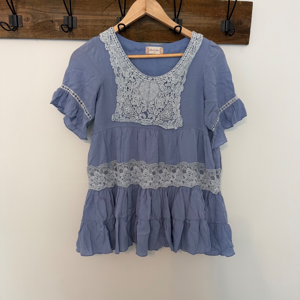 Altar'd State Blue Crochet Lace Tiered Babydoll Top Boho Ruffle Short Sleeve XS